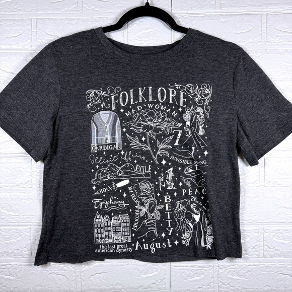 Taylor Swift Tops - Taylor Swift Folklore Graphic Tee Women Size S Grey Crop Top Short Sleeve Shirt